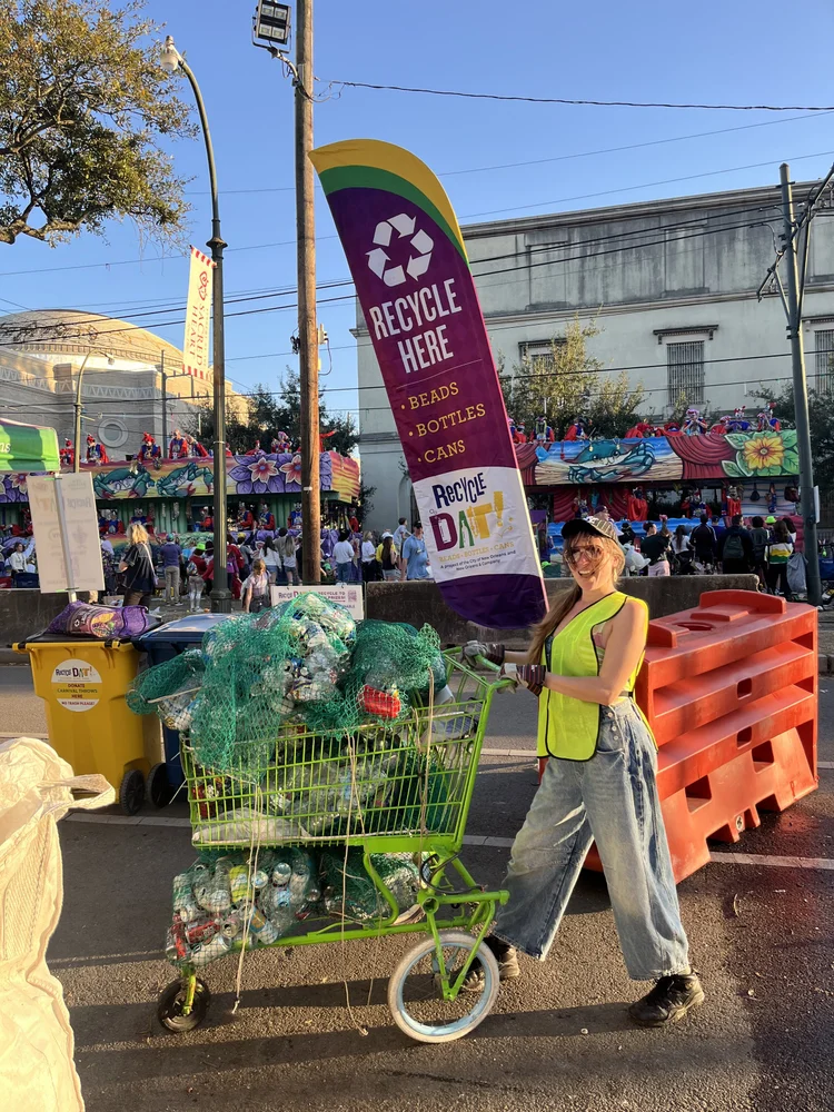 RecycleDAT parade station fully set up with labeled bins